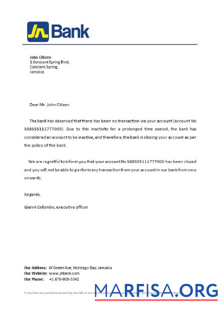 Downloadable Jamaica National Bank closure reference template